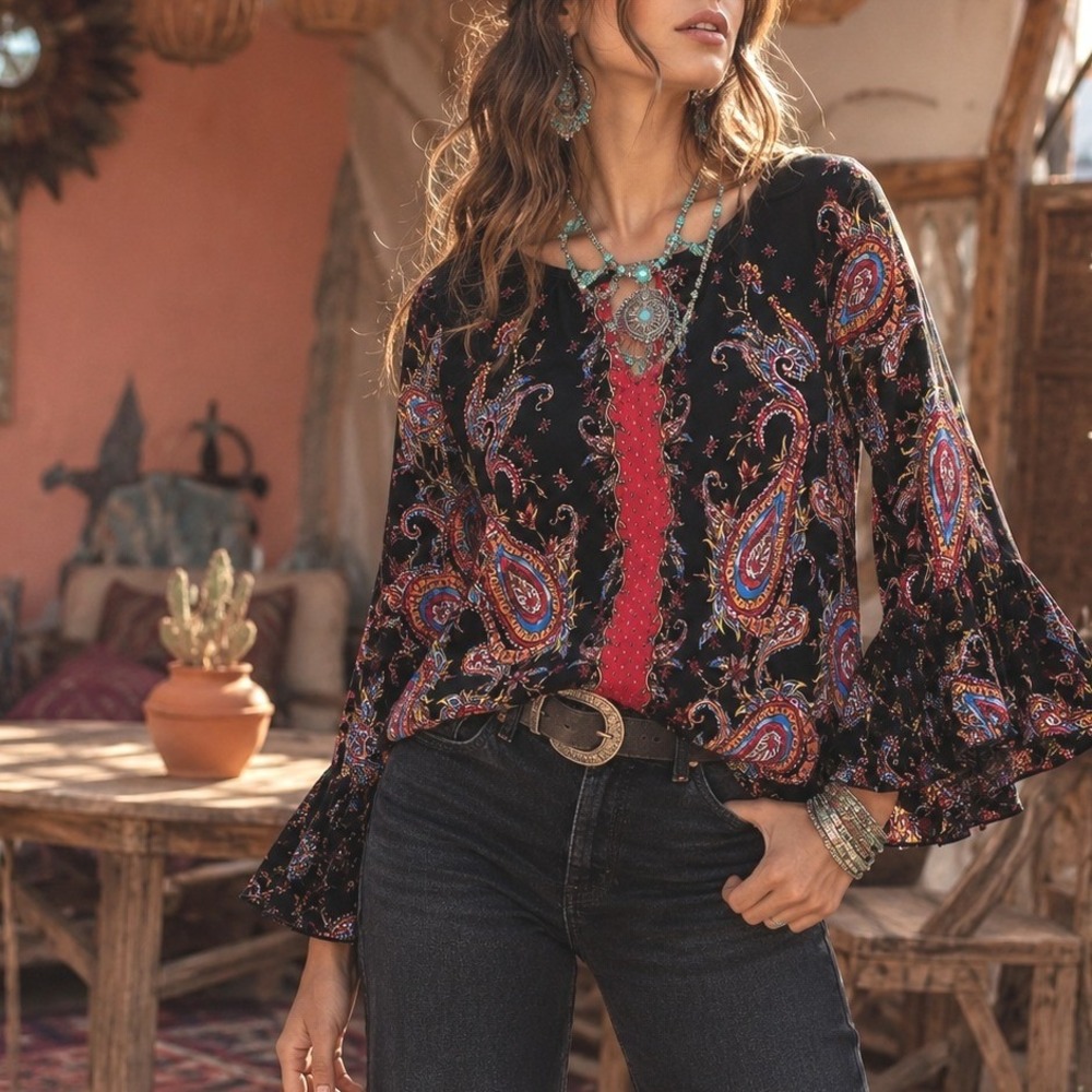 JM Collection Paisley Boho Bell Sleeve Blouse Black Red Festival Top Western NWT